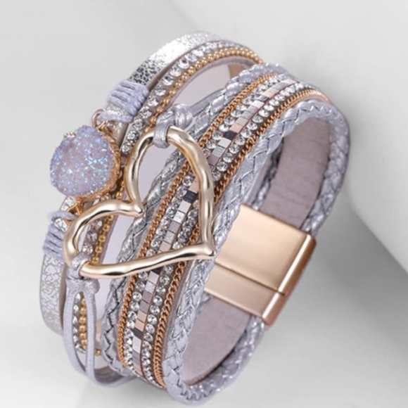 Silvertone Heart Rhinestone Accent Wrap Magnetic Closure Bracelet - Picture 2 of 5